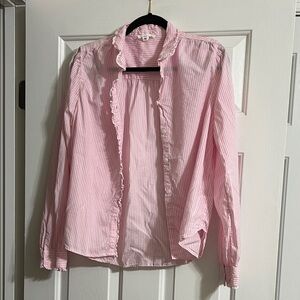 Beachlunchlounge Pink and White Striped Ruffle Collared Button Down Blouse